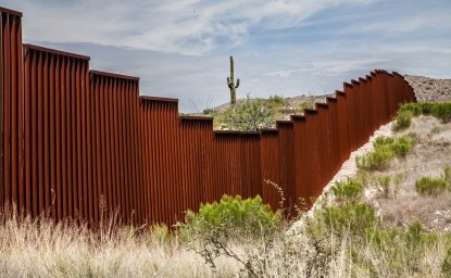 Border fence along Arizona border. A cactus is seen in distance