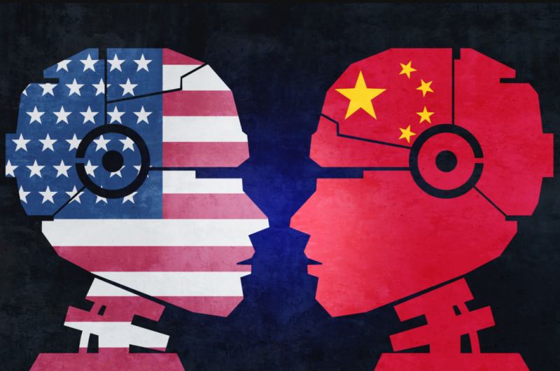 Robots with US and Chinese flags stand face to face