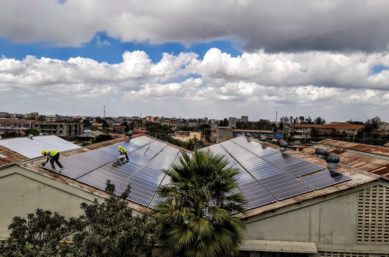 roof mounted solar power plant on a factory roof in Kenya in Africa