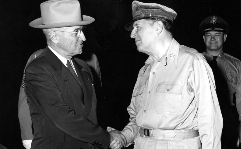 President Harry S. Truman and General Douglas MacArthur at President Truman's arrival at the Wake Island Conference, October 15, 1950.