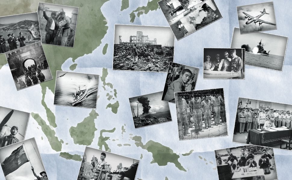 A collage shows various black and white images from the Pacific War laid out on a map of Asia.