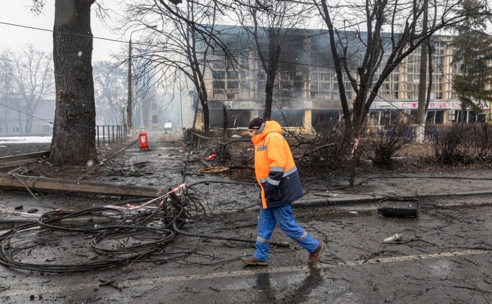 KYIV, UKRAINE - Mar. 02, 2022: War of Russia against Ukraine. View of a civilian sports club gym and sporting goods store damaged following a Russian rocket attack the city of Kyiv, Ukraine