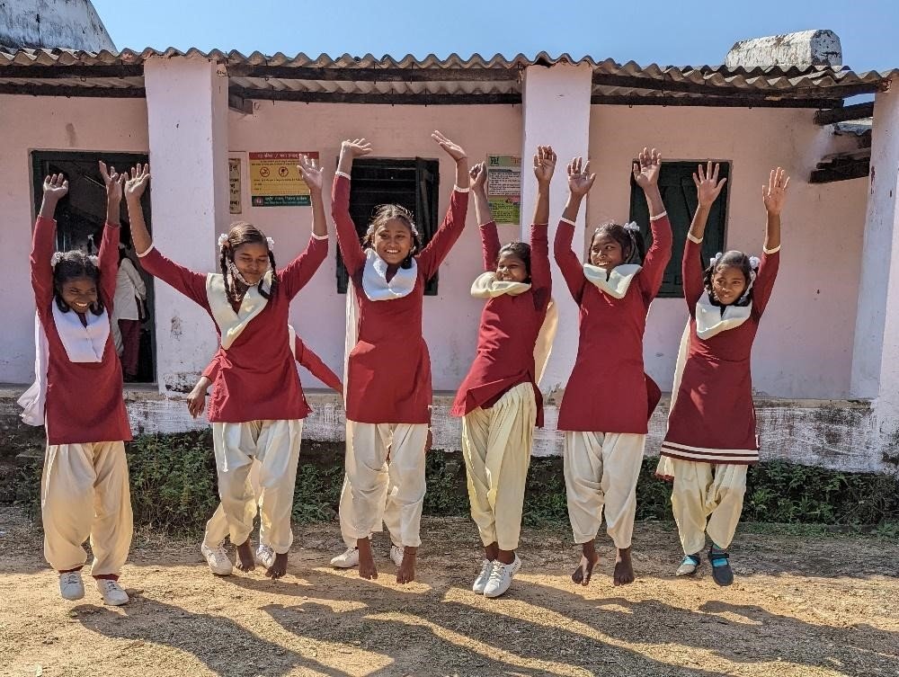 Rina, Manita, Pratima, Sabita, Sunita, and Poonam at their school in Angara, Ranchi in the Indian state of Jharkhand. Through the Ayushman Bharat School Health and Wellness Programme, girls are learning skills ranging from emotional well-being to mental health and maintaining a healthy lifestyle. 